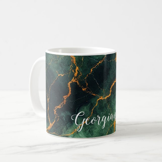 Personlig Autumnal Forest Grönt & Guld Marble Kaffemugg (Framsida vänster)