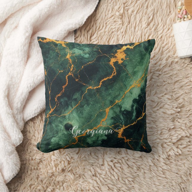 Personlig Autumnal Forest Grönt & Guld Marble Kudde (Filt)