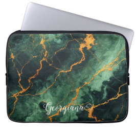 Personlig Autumnal Forest Grönt & Guld Marble Laptop Fodral
