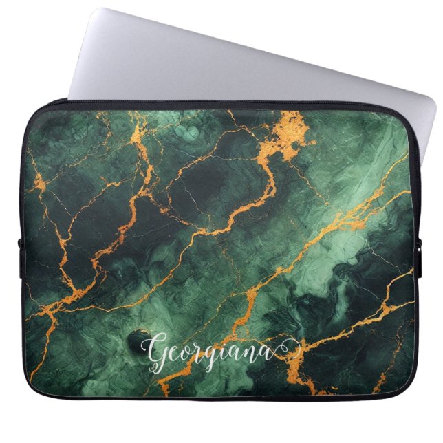 Personlig Autumnal Forest Grönt & Guld Marble Laptop Fodral (Framsidan)