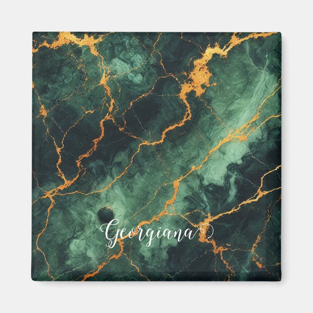 Personlig Autumnal Forest Grönt & Guld Marble Magnet (Framsidan)