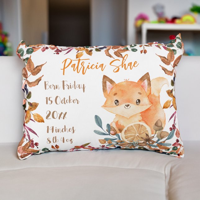 personlig av baby-rävsmassa för söt baby prydnadskudde (Baby keepsake gifts Autumn baby cute baby fox fall theme personalized pillow baby stats pillow)