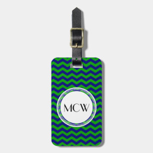 Personlig av blå och Grönt, Monogram Chevron Bagagebricka