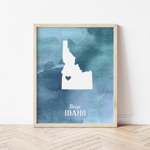 Personlig av blått vattenfärgsutkast i Idaho Karta Poster