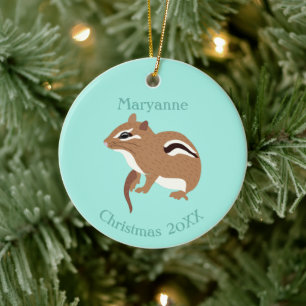Personlig av Brown och Mint Grönt Chipmunk Älska Julgransprydnad Keramik