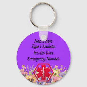 Personlig av diabetesvarning Blommigt typ 1 eller Nyckelring