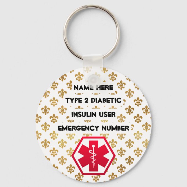 Personlig av diabetesvarning typ 1 eller 2 nyckelring (Framsida)