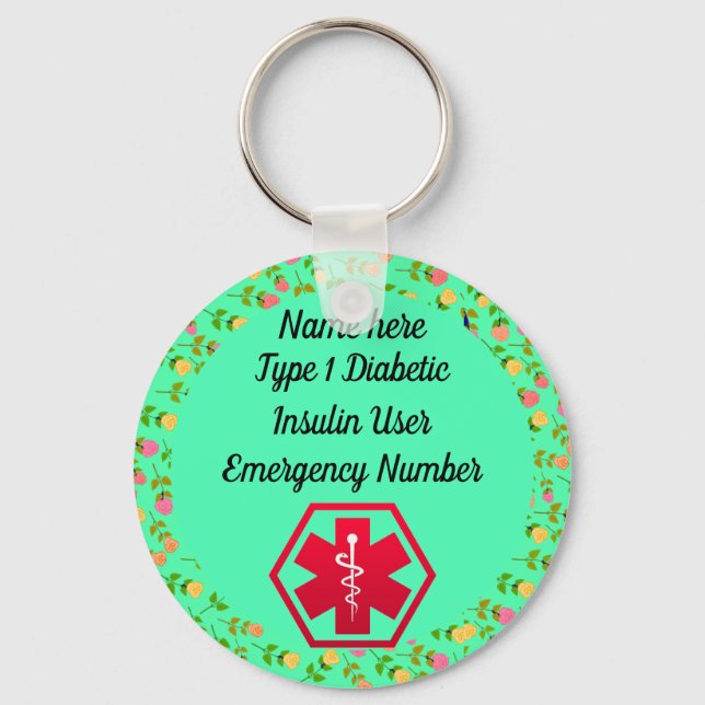 Personlig av diabetesvarning typ 1 eller 2 nyckelring (Framsida)
