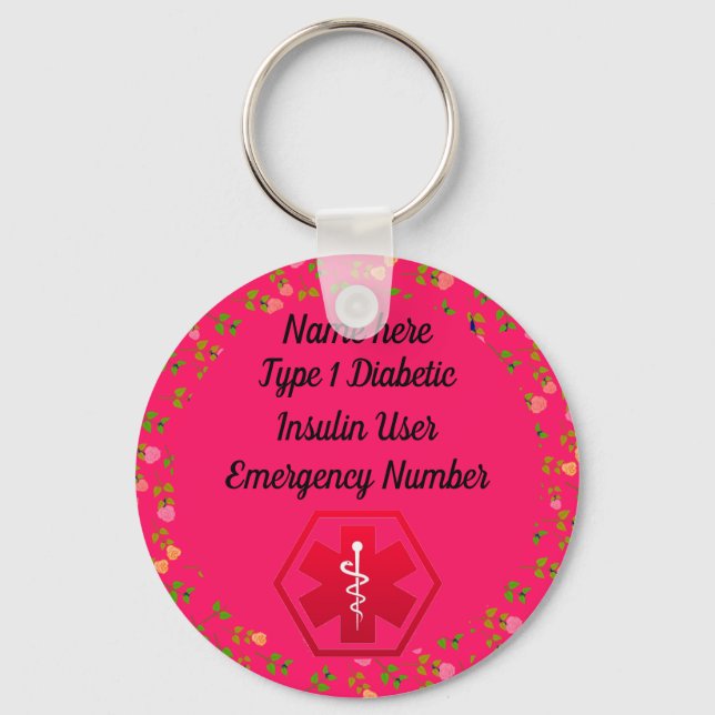 Personlig av diabetesvarning typ 1 eller 2 nyckelring (Framsida)