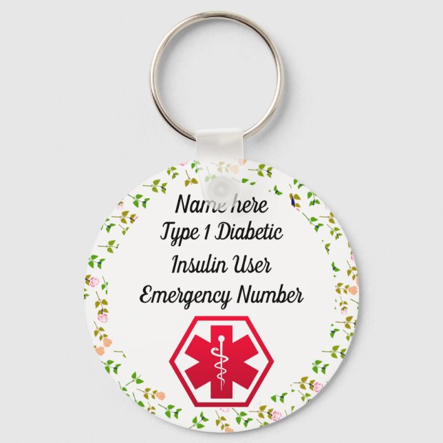 Personlig av diabetesvarning typ 1 eller 2 nyckelring (Framsida)