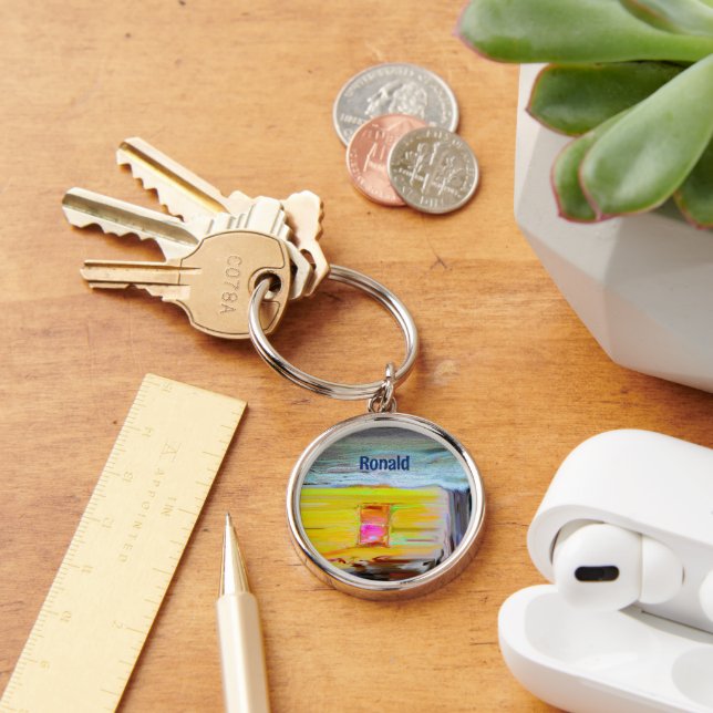 Personlig av ett muntert gult hus rund silverfärgad nyckelring (Skrivbord)