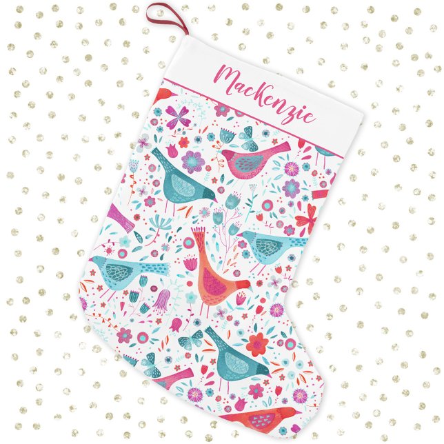 Personlig av fågel och blommor liten julstrumpa (Watercolor birds and flowers personalized script name Christmas stocking)