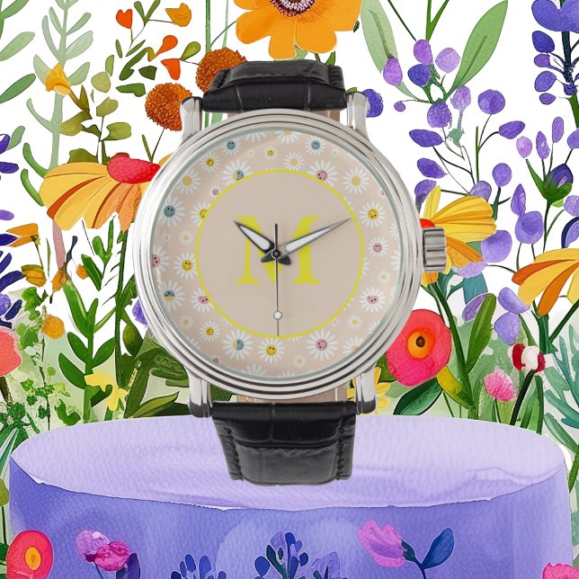 Personlig av färgstark monogram-mildrande Daisy Armbandsur (Colourful Monogram Smiling Daisy personalised Watch)