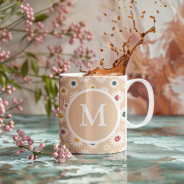 Personlig av färgstark monogram-mildrande Daisy Kaffemugg (Colourful Monogram Smiling Daisy personalised Coffee Mug)