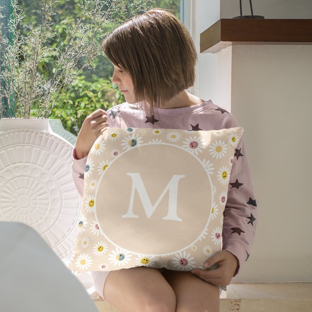 Personlig av färgstark monogram-mildrande Daisy Kudde (Colourful Monogram Smiling Daisy personalised Throw Pillow)