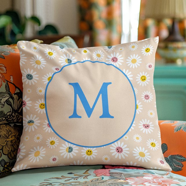 Personlig av färgstark monogram-mildrande Daisy Kudde (Colourful Monogram Smiling Daisy personalised Throw Pillow)