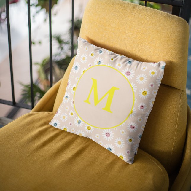 Personlig av färgstark monogram-mildrande Daisy Kudde (Colourful Monogram Smiling Daisy personalised Throw Pillow)