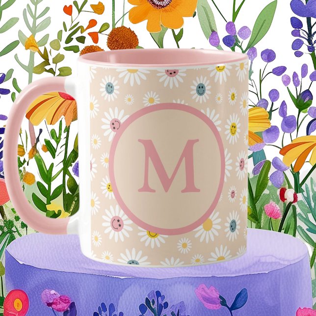 Personlig av färgstark monogram-mildrande Daisy Mugg (Colourful Monogram Smiling Daisy personalised Mug)