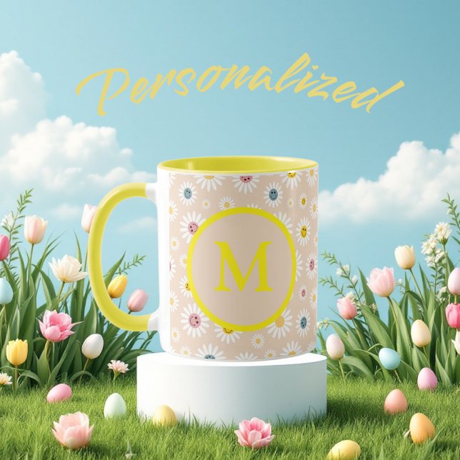 Personlig av färgstark monogram-mildrande Daisy Mugg (Colourful Monogram Smiling Daisy personalised Mug)