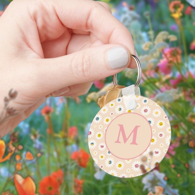 Personlig av färgstark monogram-mildrande Daisy Nyckelring (Colourful Monogram Smiling Daisy personalised Keychain)