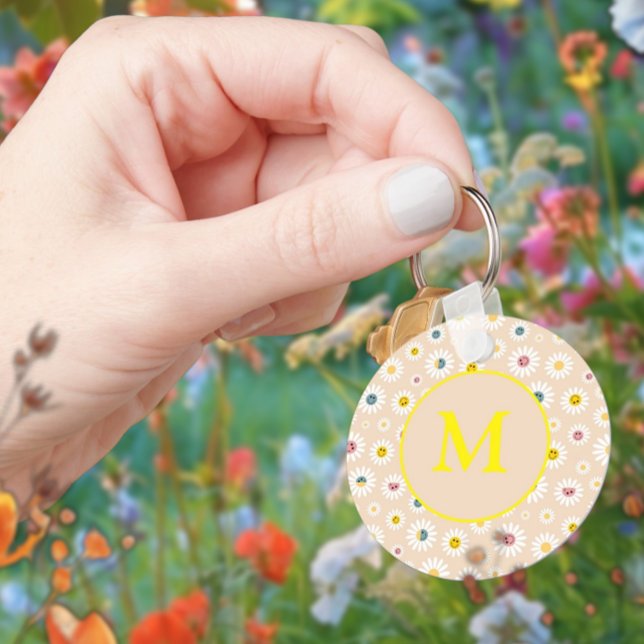 Personlig av färgstark monogram-mildrande Daisy Nyckelring (Colourful Monogram Smiling Daisy personalised Keychain)