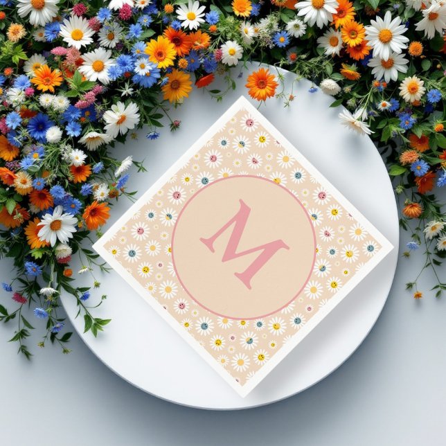 Personlig av färgstark monogram-mildrande Daisy Pappersservett (Colourful Monogram Smiling Daisy personalised Napkins)