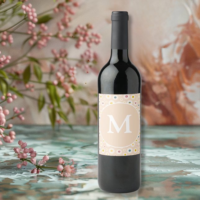 Personlig av färgstark monogram-mildrande Daisy Vinflaska Etikett (Colourful Monogram Smiling Daisy personalised Wine Label)