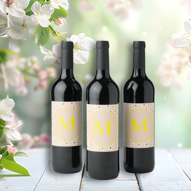 Personlig av färgstark monogram-mildrande Daisy Vinflaska Etikett (Colourful Monogram Smiling Daisy personalised Wine Label)