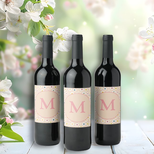 Personlig av färgstark monogram-mildrande Daisy Vinflaska Etikett (Colourful Monogram Smiling Daisy personalised Wine Label)