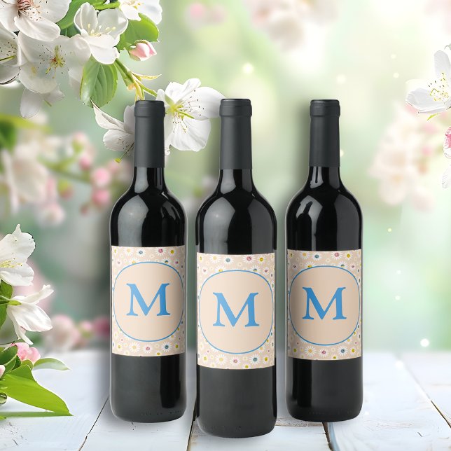 Personlig av färgstark monogram-mildrande Daisy Vinflaska Etikett (Colourful Monogram Smiling Daisy personalised Wine Label)