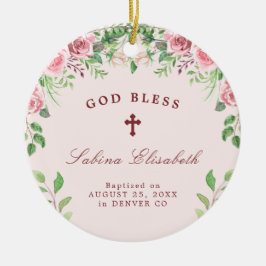 personlig av foto på rosa ros-flicka-baptism julgransprydnad keramik