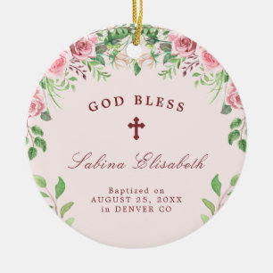 personlig av foto på rosa ros-flicka-baptism julgransprydnad keramik