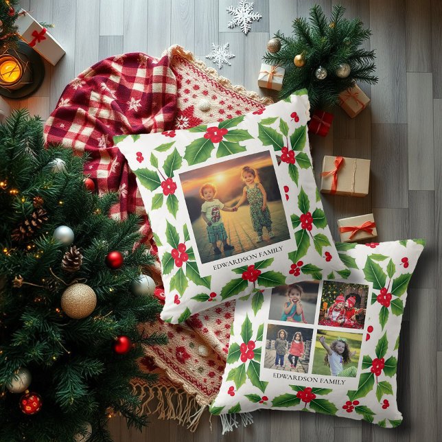 personlig av foton i eleganten  kudde (Elegant family photos personalized christmas throw pillow. Unique pillow for the Holiday season.)