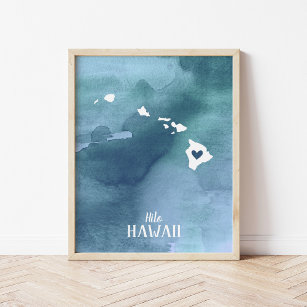 Personlig av hawaii Karta Blue Watercolor Art Skri Poster