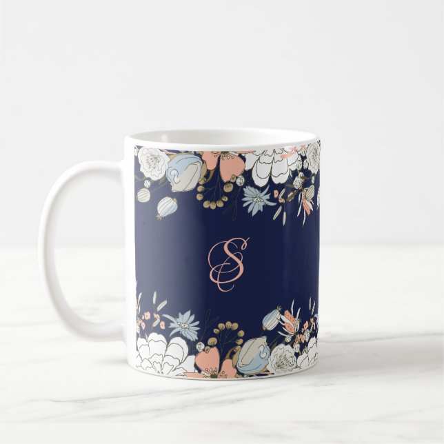 Personlig av marin  Rosa, blå Blommigt, monogram Kaffemugg (Vänster)