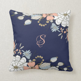 Personlig av marin  Rosa, blå Blommigt, monogram Kudde