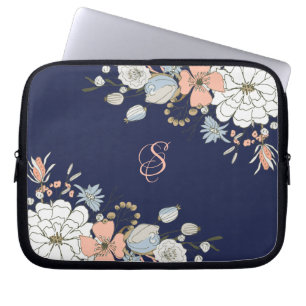 Personlig av marin  Rosa, blå Blommigt, monogram Laptop Fodral
