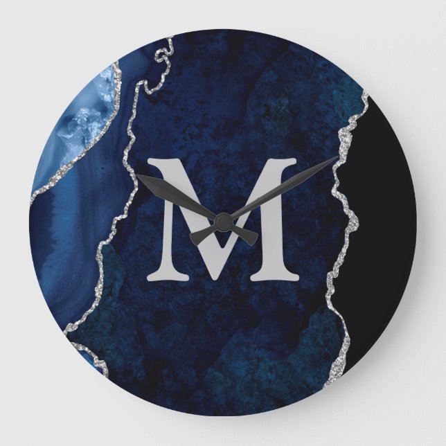Personlig av marinblått agate (monogram) stor klocka (Framsida)