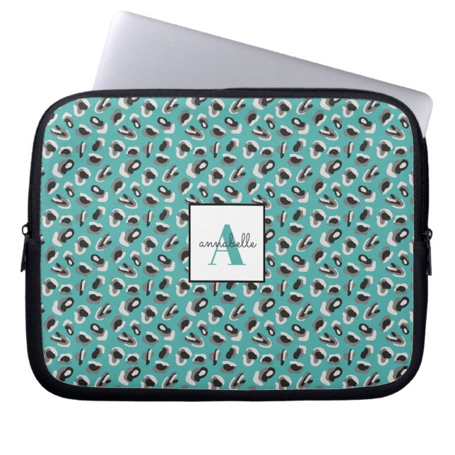 Personlig av monogram Aqua Leopard Animal Print Laptop Fodral (Framsidan)