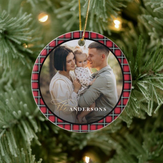 Personlig av rödsvarta tartan julgransprydnad keramik (Träd)