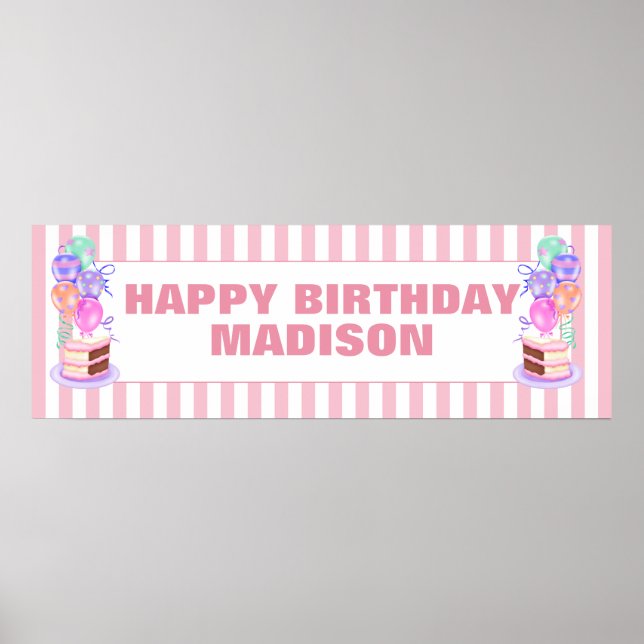 Personlig av Rosa Birthday Cake och Balloon Poster (Framsidan)