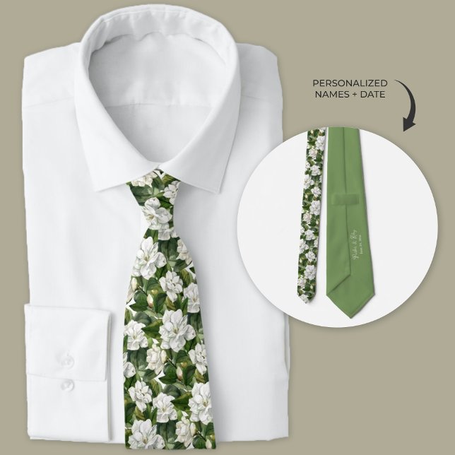Personlig av vit Gardenia-Blommigt Slips (White gardenia wedding floral necktie.)