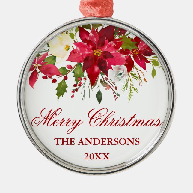 Personlig av Watercolor Red Poinsettia Blommigt Julgransprydnad Metall (Framsidan)