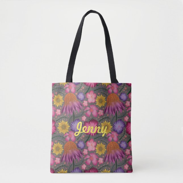 Personlig av WildblommGrått Blommigt- Tote Bag Tygkasse (Framsida)