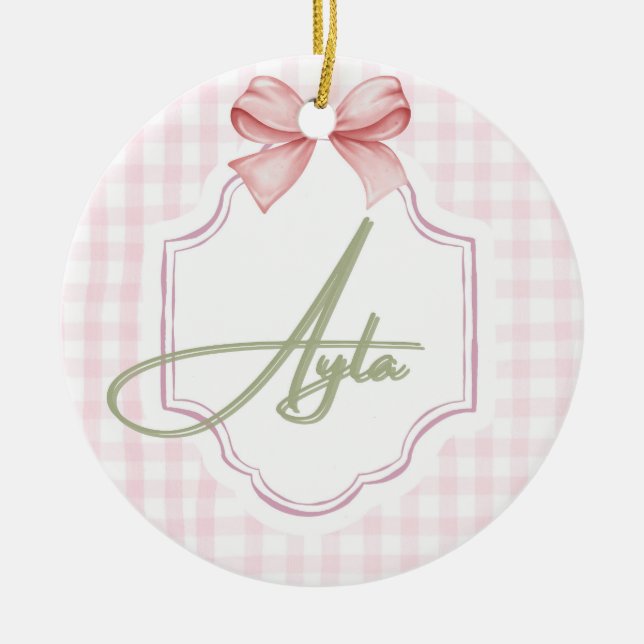 Personlig Ayla Flicka Nursery Bow&Gingham Julgransprydnad Keramik (Framsidan)