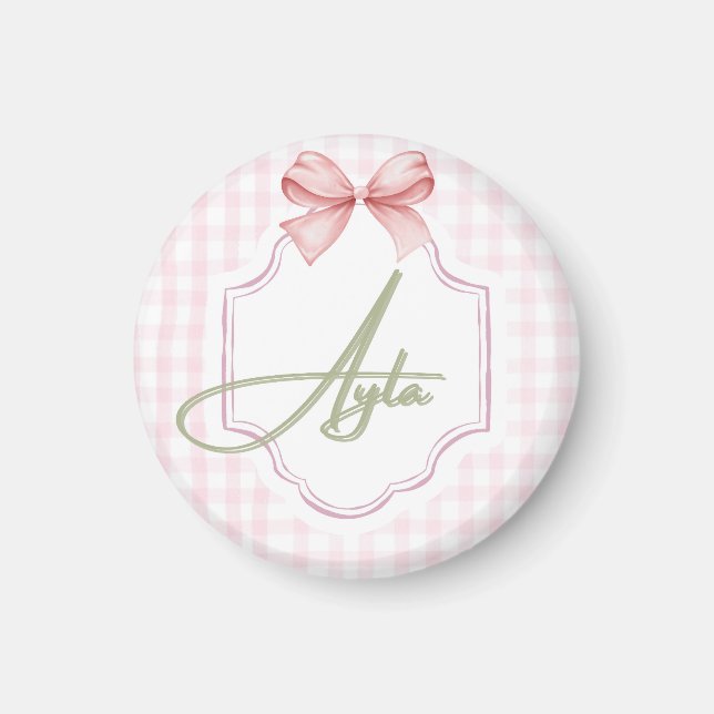 Personlig Ayla Flicka Nursery Bow&Gingham Magnet (Framsidan)