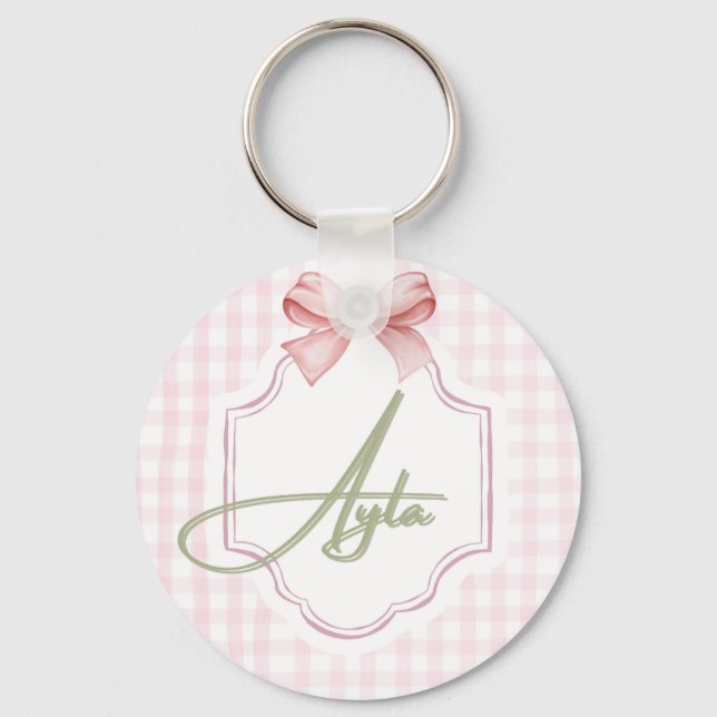 Personlig Ayla Flicka Nursery Bow&Gingham Nyckelring (Framsida)