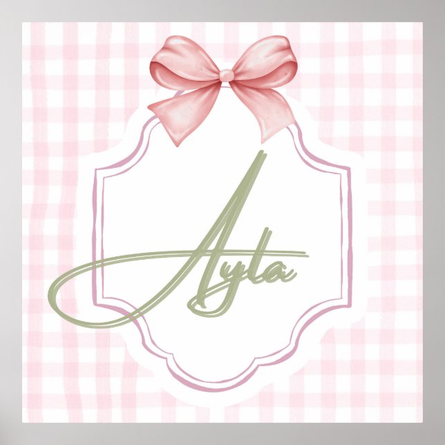 Personlig Ayla Flicka Nursery Bow&Gingham Poster (Framsidan)