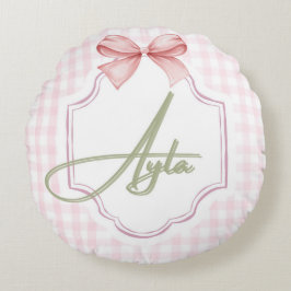 Personlig Ayla Flicka Nursery Bow&Gingham Rund Kudde