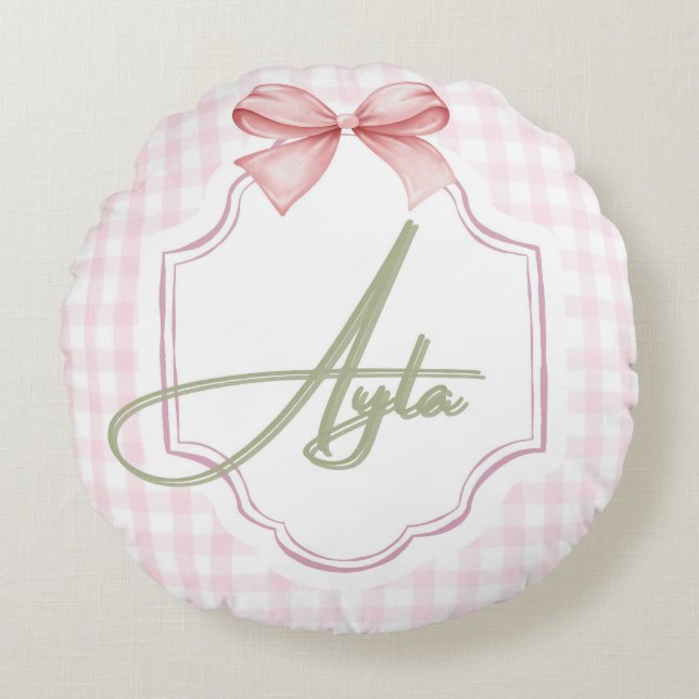 Personlig Ayla Flicka Nursery Bow&Gingham Rund Kudde (Framsidan)